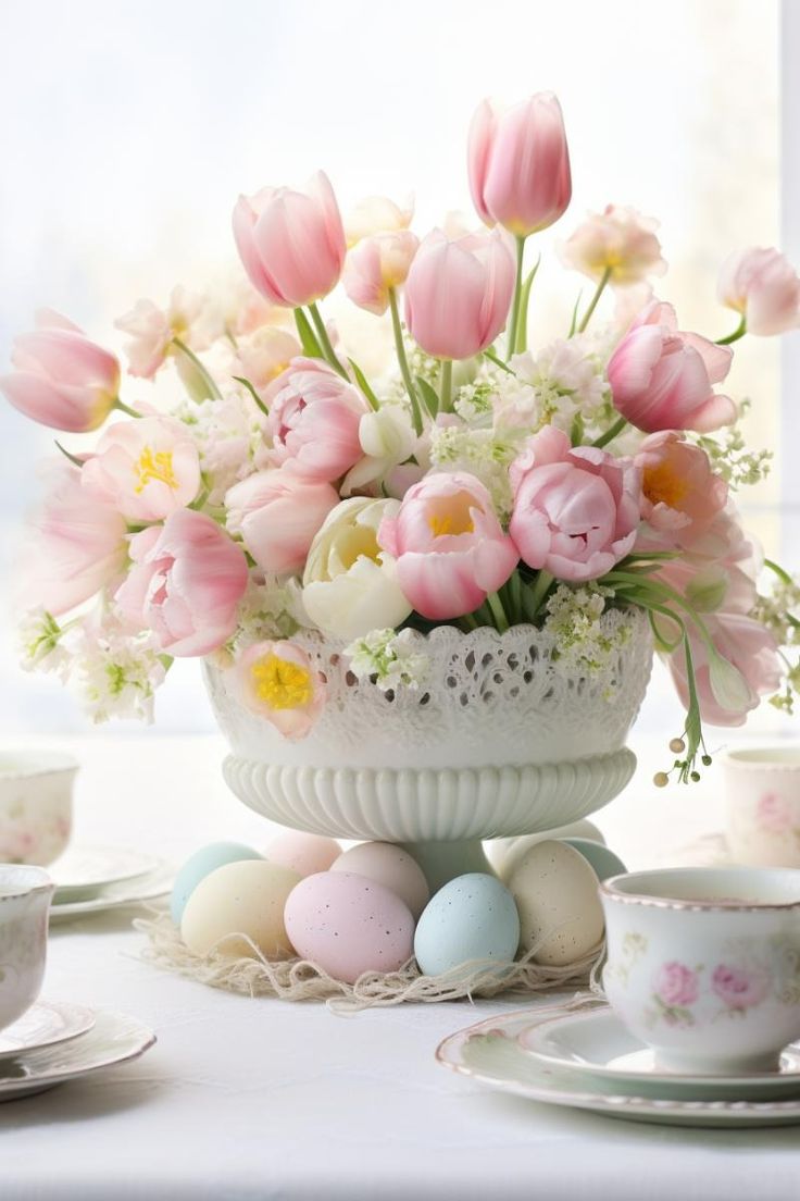 a pretty pastel Easter centerpiece of pink and white tulips and daffodils in a bowl and pastel eggs is amazing