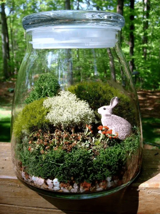 a simple jar terrarium with a little bunny and several kinds of moss is a nice decoration for spring and Easter and can be rocked on mantels and consoles