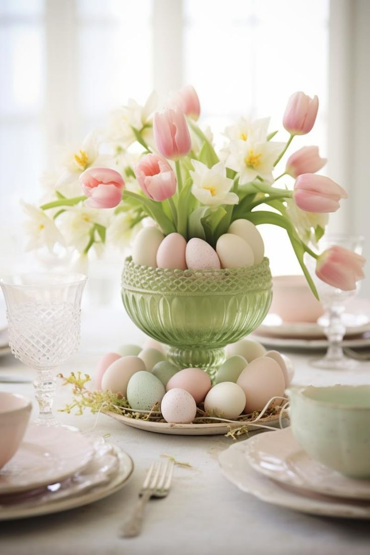 a spring and Easter centerpiece of pink and white tulips in a green bowl, with pastel eggs over the bowl is a cool idea
