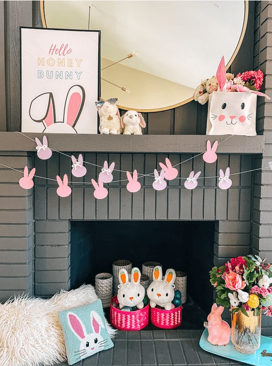 an easy bunny ear garland on the mantel is a lovely idea for spring or Easter