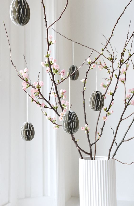blooming cherry blossom branches with grey paper eggs are adorable for spring and Easter, great for modern decor