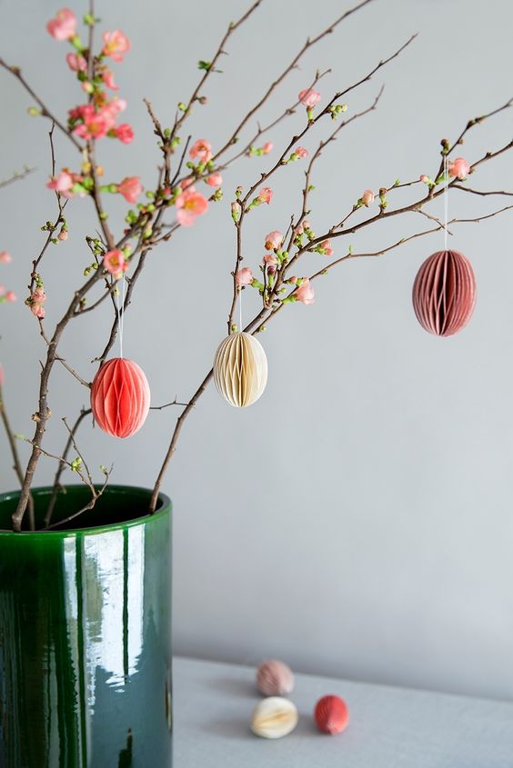 blooming cherry blossom branches with paper eggs are a cool Easter tree or centerpiece that you can make last minute