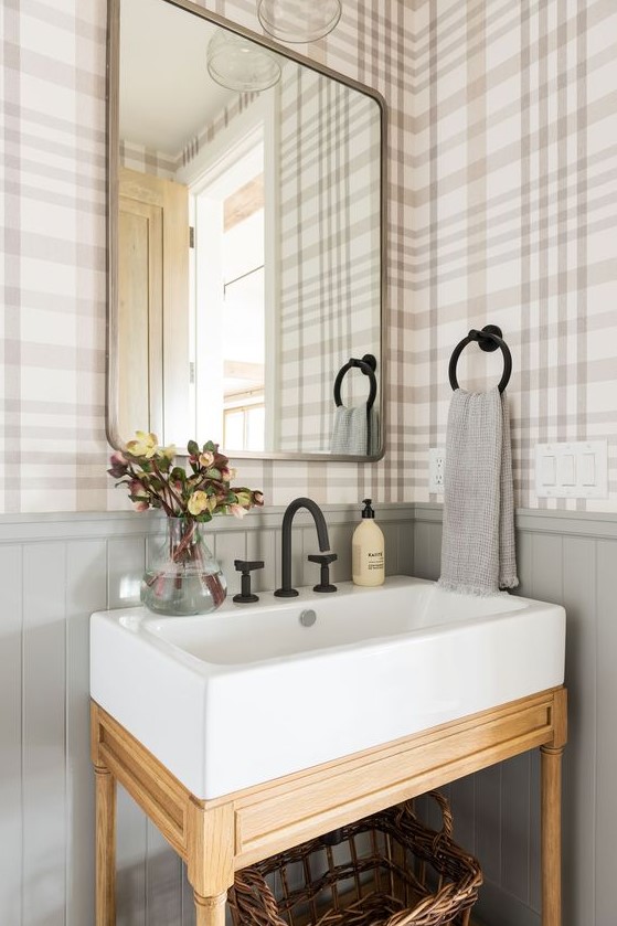 plaid wallpaper in a neutral color scheme will make your space chic, welcoming and very cozy