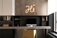 a contemporary home office with light stainted wood, black and white touches, a floating desk and sleek storage units and a yellow chair