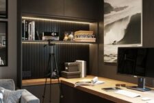 a contemporary moody home office with closed and open storage units, built-in lights, a large desk and upholstered chairs