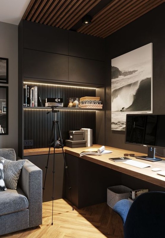 a contemporary moody home office with closed and open storage units, built in lights, a large desk and upholstered chairs