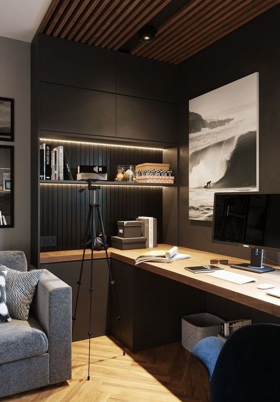 a contemporary moody home office with closed and open storage units, built-in lights, a large desk and upholstered chairs