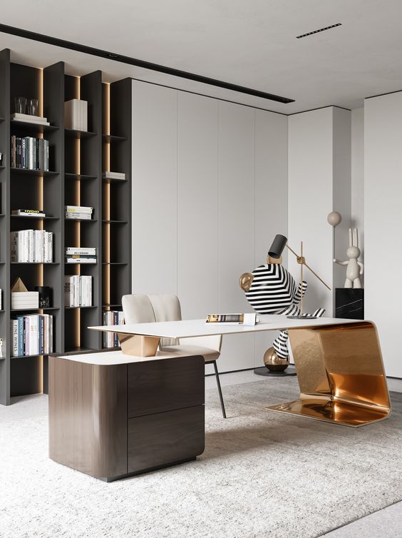 a luxurious home office with a built-in storage unit with lights, a fab sleek desk with a copper base, a brown storage unit and beautiful art