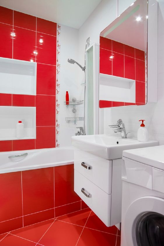 a bright red and white bathroom looks fresh, bold and inviting and raises the spirits at once