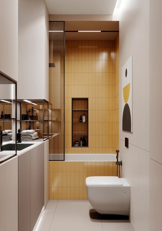 a contemporary small bathroom with all neutrals, a yellow tile bathtub zone and dark metal touches for drama