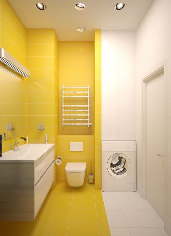 a minimalist sunny yellow and white bathroom with a color block effect and a floating vanity plus a built in washing machine