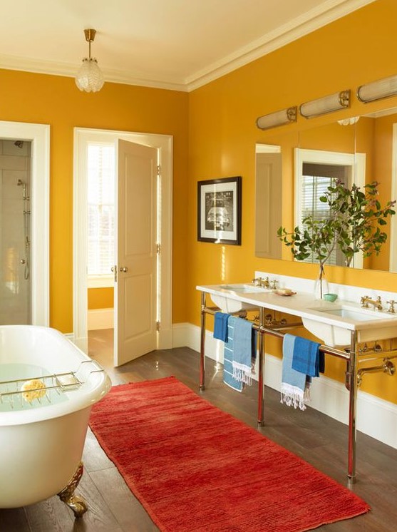 a vintage-inspired mustard bathroom with white for a fresh look, vintage appliances and fixtures