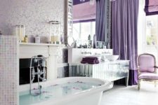 an exquisite bathroom in pastels and neutrals, with purple and lavender curtains, a statement mirror and crystal pendant lamps