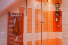 orange plus neutrals are a good color combo, build in more lights and go for some patterns with tiles for a chic look
