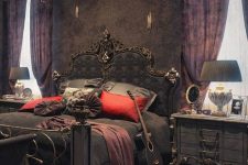 a refined Gothic bedroom with blck walls, purple curtains, sophisticated furniture, a chic chandelier and detailing