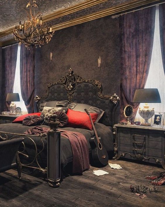 a refined Gothic bedroom with blck walls, purple curtains, sophisticated furniture, a chic chandelier and detailing