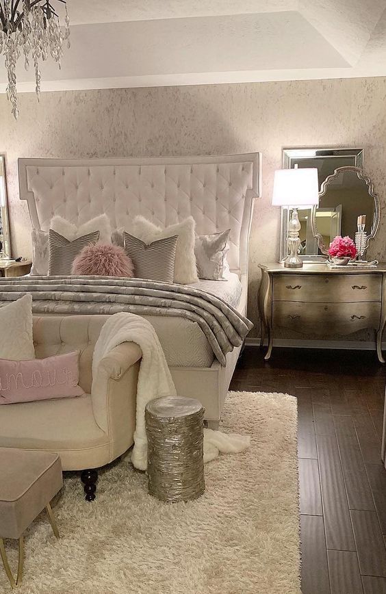 Glam Bedroom Furniture / Get Glam Bedroom Ethan Allen Design Ideas ... - A RefineD Glam BeDroom In Neutrals Silver Furniture A White UpholstereD BeD Touches Of Pink AnD A Crystal ChanDelier