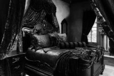 a super dark Gothic bedroom with grey walls and a floor, black furniture with a refined desogn, cnopies and draperies