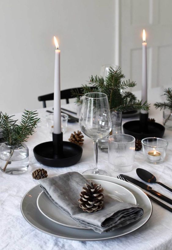 Rustic Nordic Scandi Tablescape Flat Top Pillar Christmas Dinner Candles