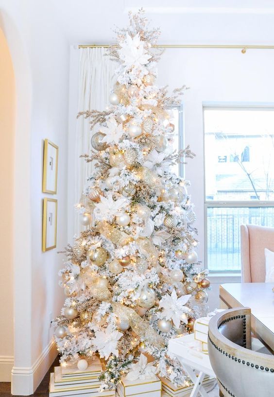 a white Christmas tree with white, mother of pearl and metallic ornaments, lights and fabric blooms in white