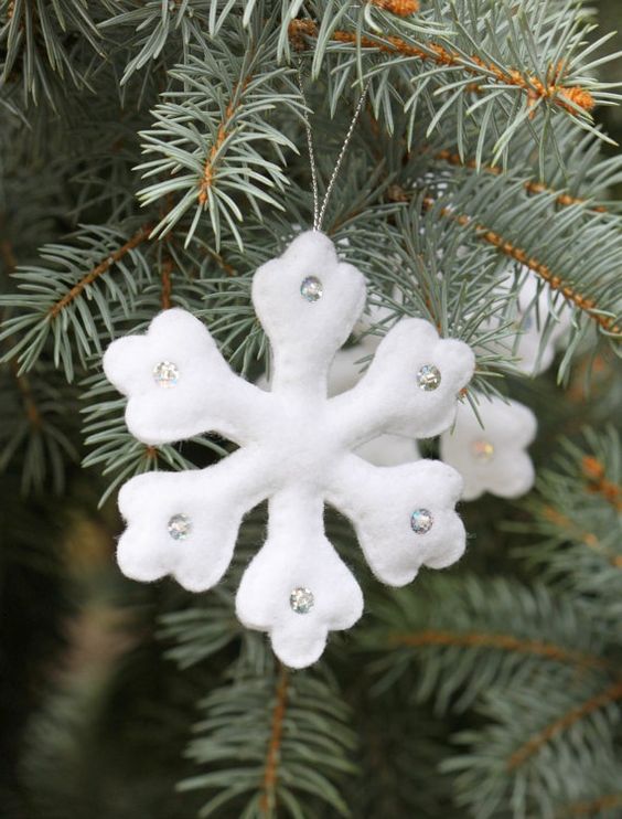 a white felt Christmas snowflake ornaments with sequins is a very lovely idea to rock in winter