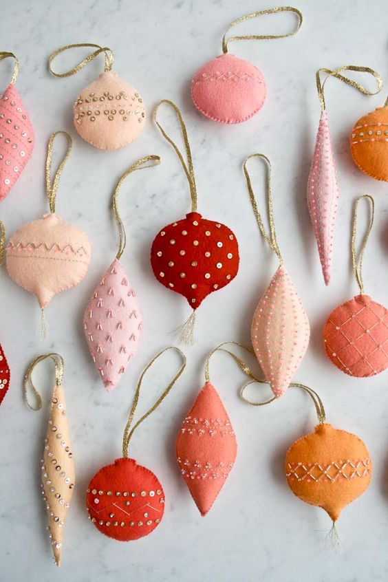 colorful felt Christmas ornaments with beads imitating traditional vintage ones are lovely and bright