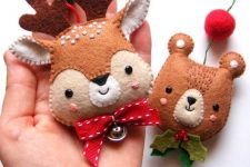 pretty felt deer and bear Christmas ornaments with bows, beads and felt balls are colorful and very fun