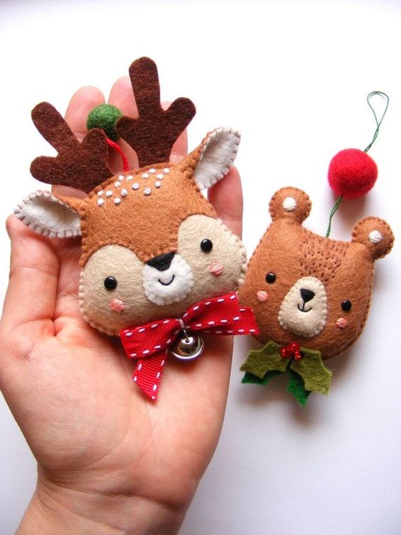 pretty felt deer and bear Christmas ornaments with bows, beads and felt balls are colorful and very fun