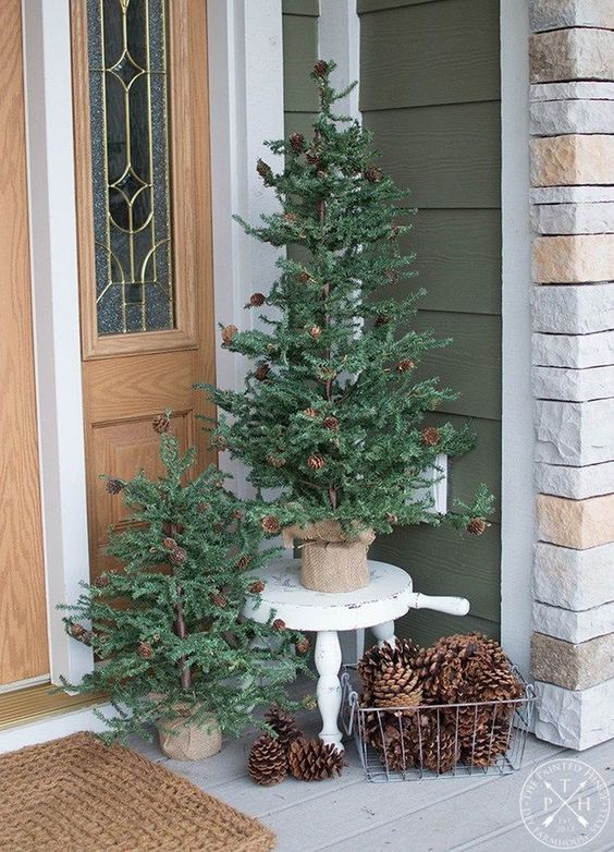 Christmas trees wrapped in burlap, pinecones and pinecones in a wire basket for outdoor Christmas decor