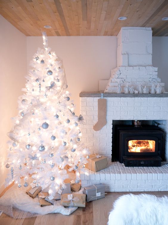 a beautiful white Christmas nook with a pre-lit tree with white and silver ornaments, faux fur and lots of gifts wrapped with kraft paper