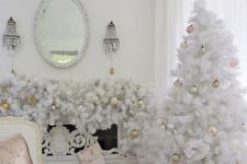 a refined vintage Christmas space with a white Christmas tree with gold and pink ornaments, a matching garland on the mantel, a white faux fur tree skirt