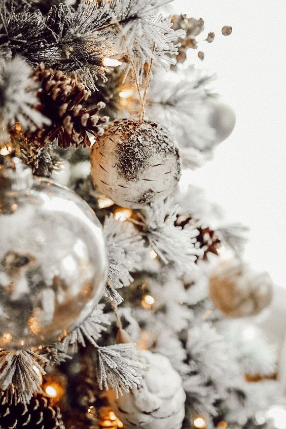 beautiful white Christmas tree decor with silver and white ornaments, snowy pinecones and lights is a lovely idea for the holidays
