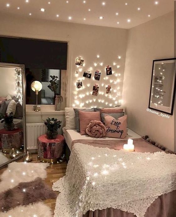 lights on the ceiling and over the headboard and on the floor is a cute and whimsy option