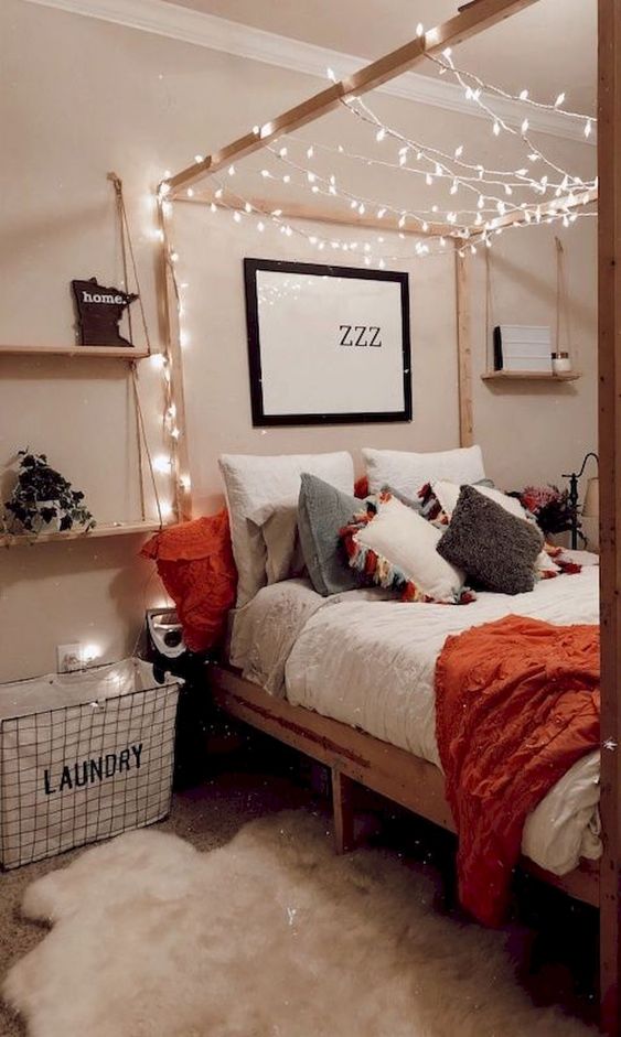 lights weaving around the framing of the bed is a cool and easy idea to rock