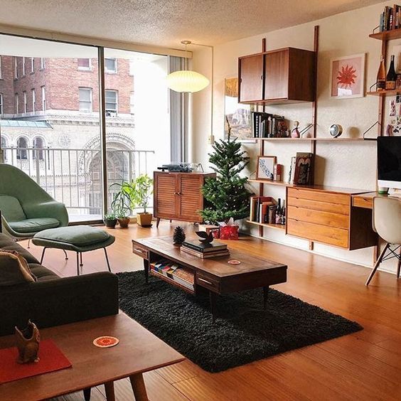 a mid-century modern space with elegant furniture, a cool wall unit with closed and open storage, a fluffy rug and a cabinet