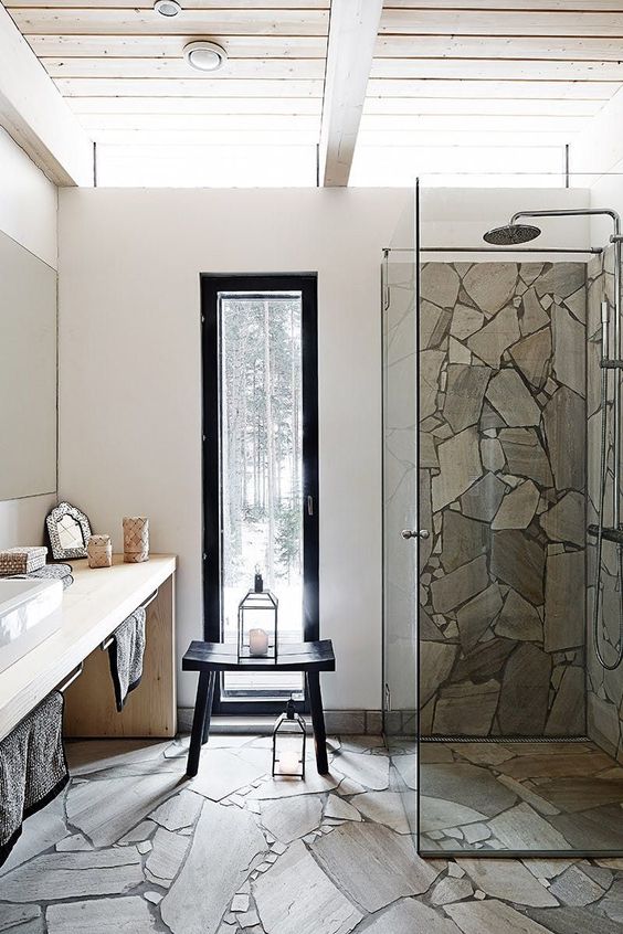 a minimalist bathroom with a floor and a shower space clad with stone plus a sleek modern vanity