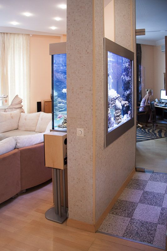 a large built-in frame aquarium divides the living room and the home offices and looks amazing