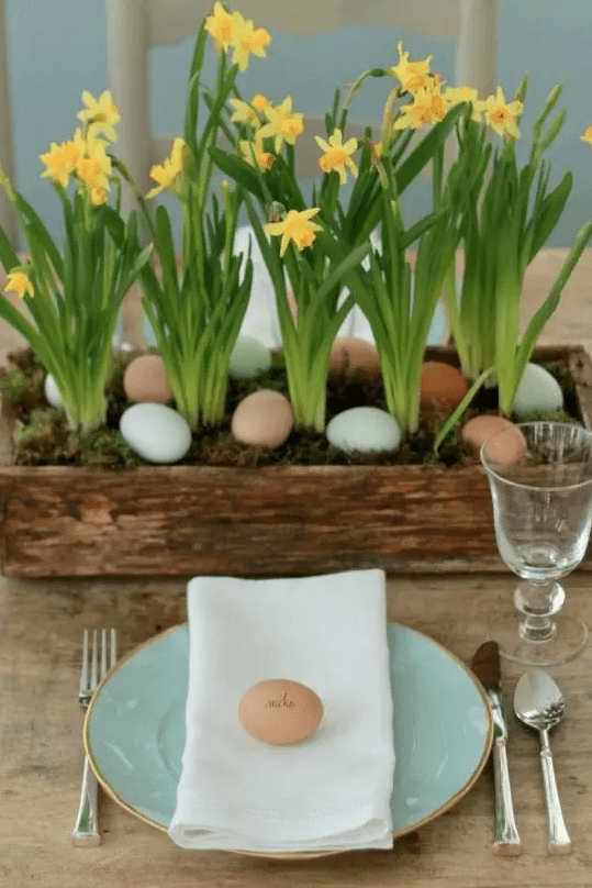 a rustic Easter tablescape with an uncovered table, aqua plates, a wooden box centerpiece with moss and daffodils is amazing