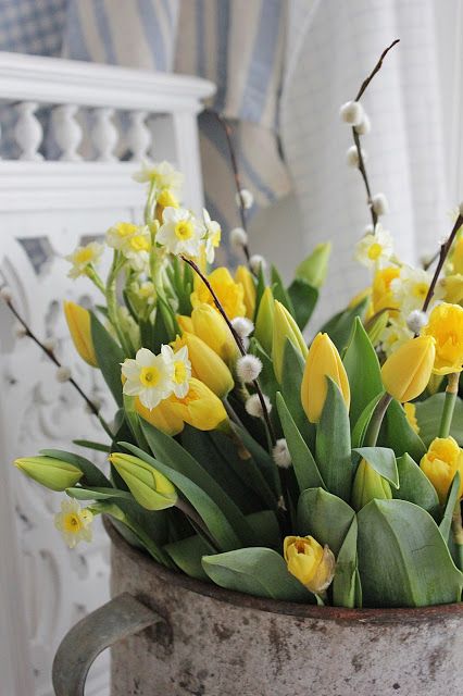 a vintage bowl with yellow tulips, pussy iwllow and yellow daffodils