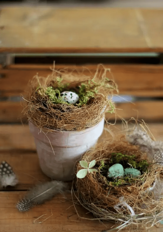 a whitewashed pot with a bird nest with moss and speckled eggs are a cool decoration for an Easter console or mantel