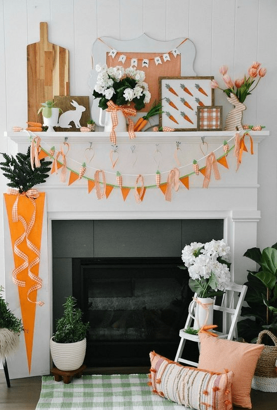 an arrangement of spring banners, two carrot ones and a triangle one for bright spring or Easter decor