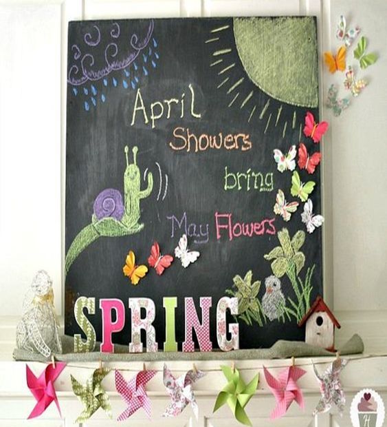 an easy and fun Easter mantel with a colorful paper garland, bright letters, a bird house and a chalkboard decorated by kids