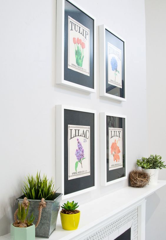 simple modern spring styling with retro botanical posters, potted greenery and succulents and a nest