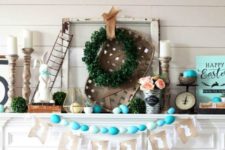 style your mantel with bright turquoise faux eggs, succulents, candles and a boxwood wreath and topiary