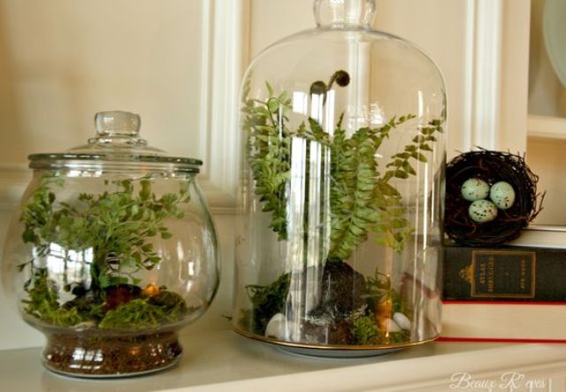 vintage-inspired spring mantel with greenery terrariums and a fake nest with eggs
