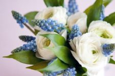 white ranunculus and blue grape hyacinth is a very spring-like flower arrangement