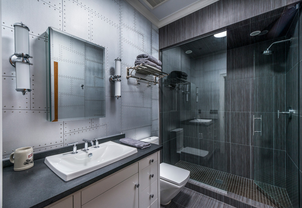 Tiles that looks like metal on airplane's wings would add a manly touch to any bathroom.