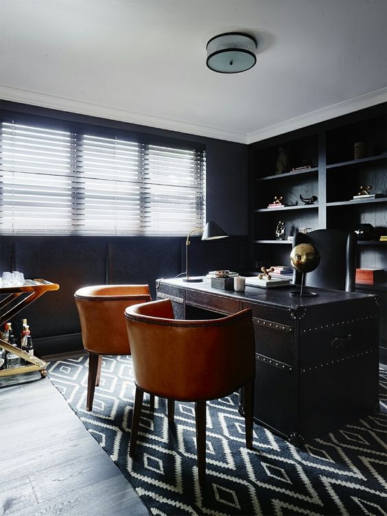 a gorgeous masculine home office with black walls, a black metal desk with amber leather chairs and shiny metallic touches