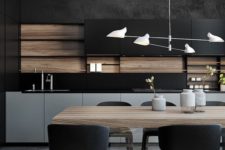 a minimalist kitchen in black, grey and with light-colored wood is very stylish and bold