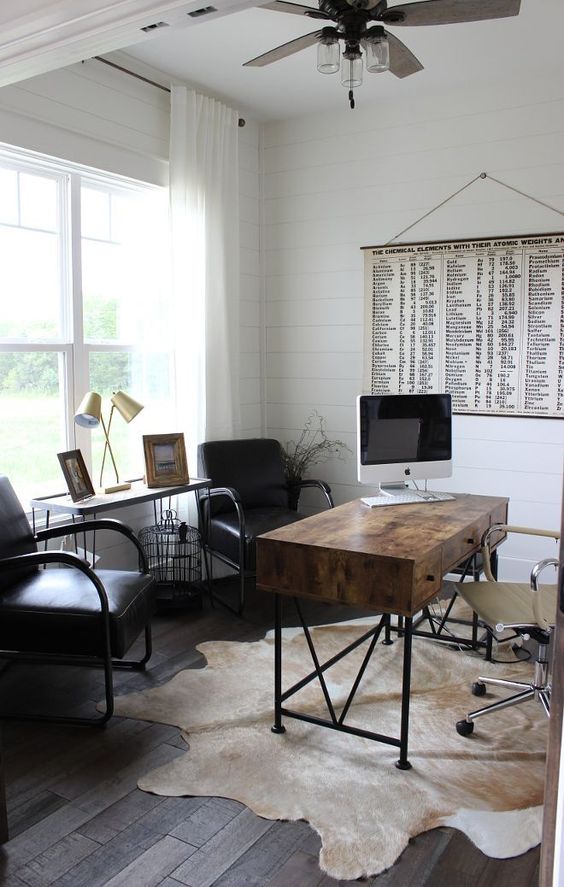 a rustic home office with a stained desk on metal legs, leather chairs, an animal skin rug and a typography artwork